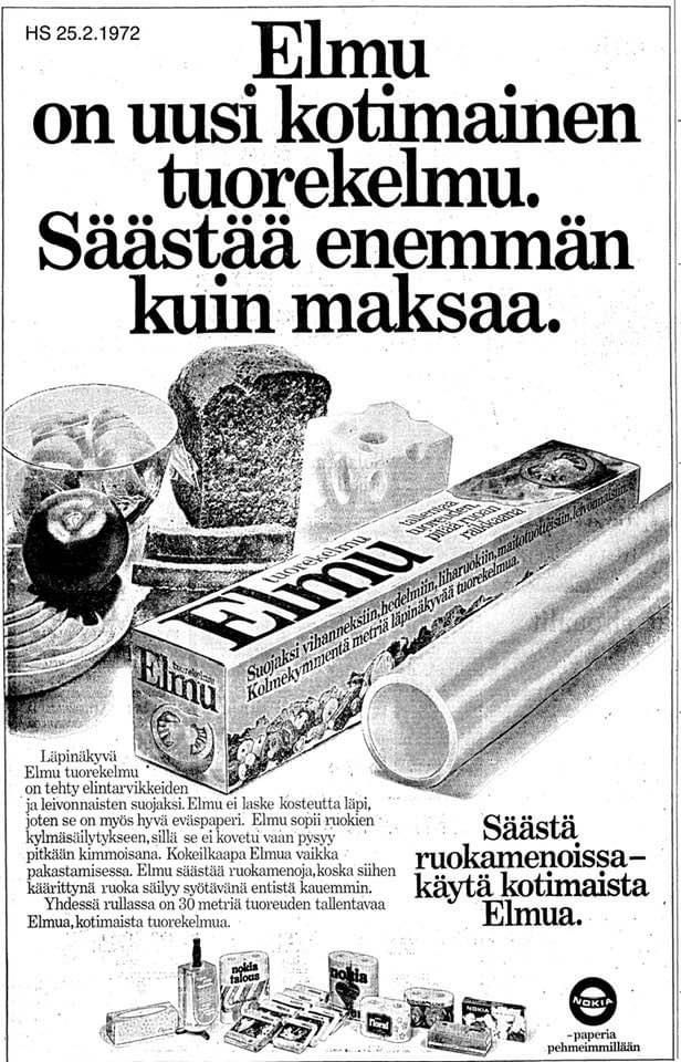Elmu-tuorekelmun vanha mainos Helsingin Sanomissa.